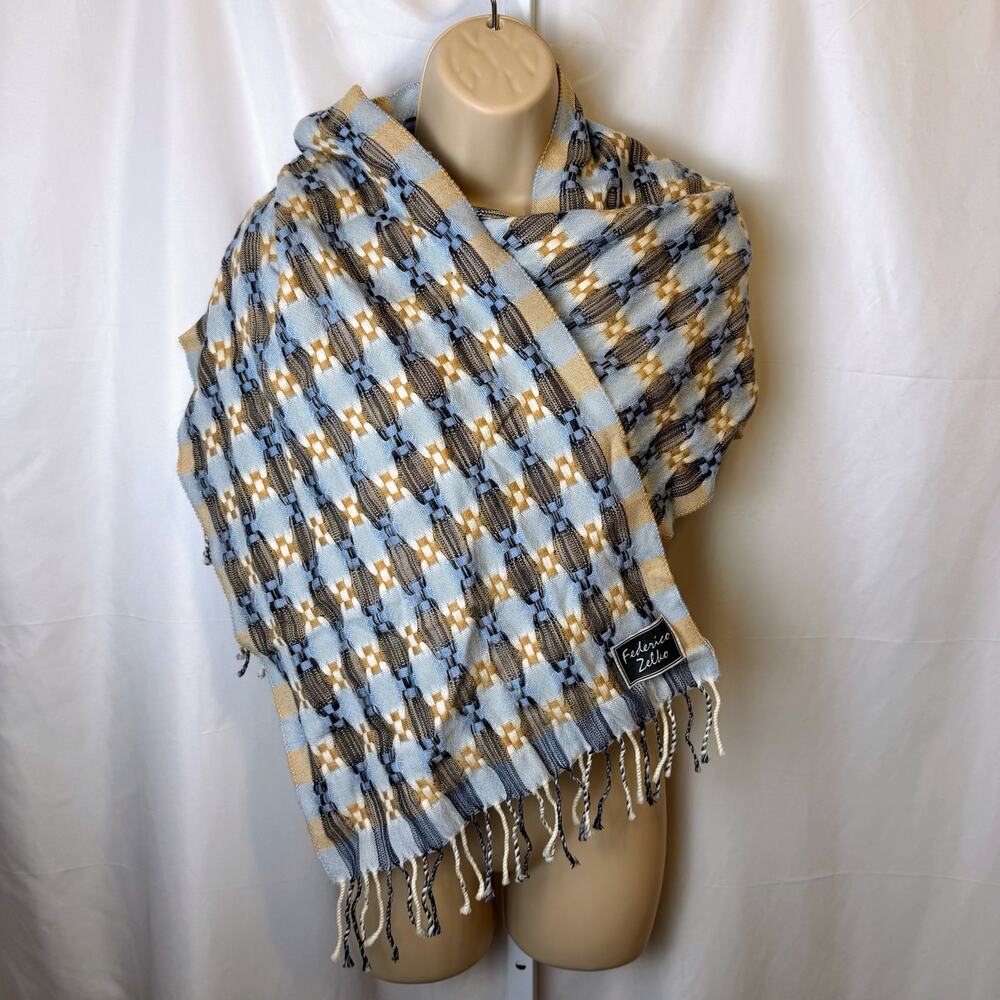 Federico Zelko 100% Wool Scarf in Geometric Pattern Blue Cream Brown Black 30x14
